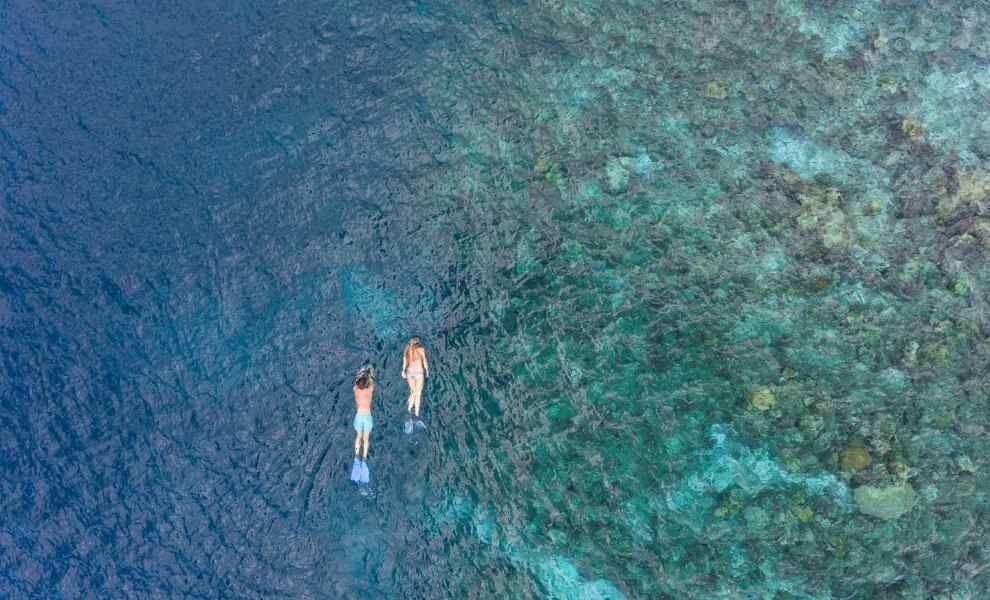 旅客在 Baros Maldives 屋礁浮潛空拍