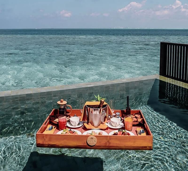 泳池裡的漂浮早餐