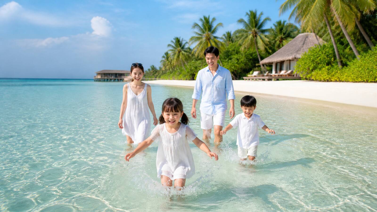 Family enjoying a shallow Maldives lagoon