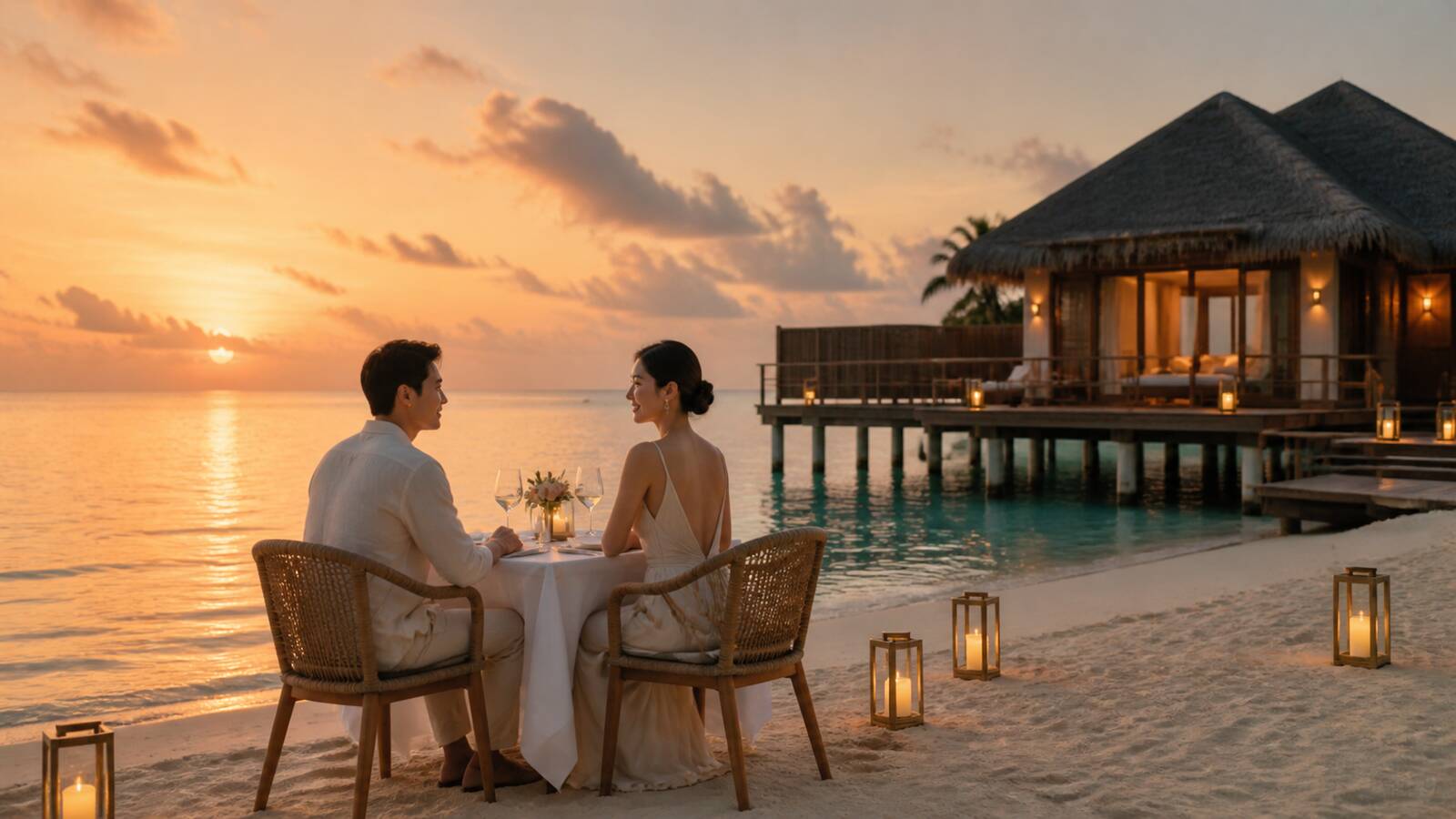Honeymoon anniversary dinner beside a Maldives overwater villa