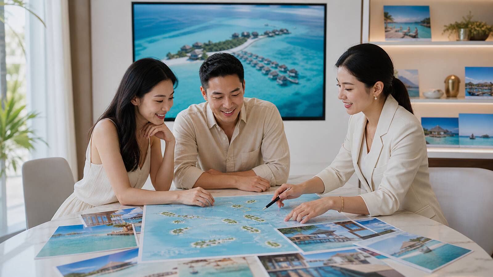 Travel consultant helping guests compare Maldives islands and resorts