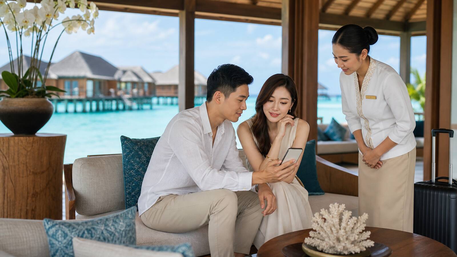 Travellers contacting their consultant from a Maldives resort