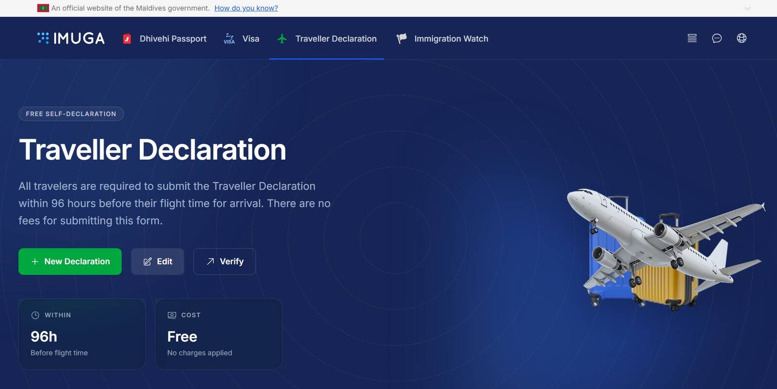馬爾地夫 IMUGA 官方 Traveller Declaration 頁面,顯示 New Declaration、Edit、Verify 按鈕及 96 小時內免費申報提醒