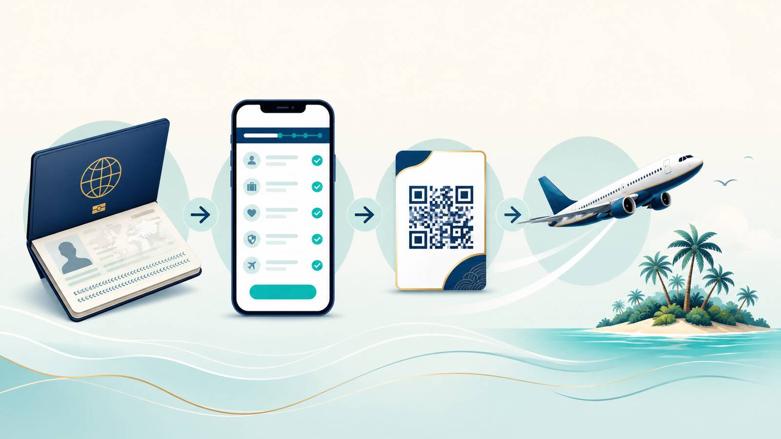 護照、手機申報表、QR Code 與飛往馬爾地夫的入境流程示意
