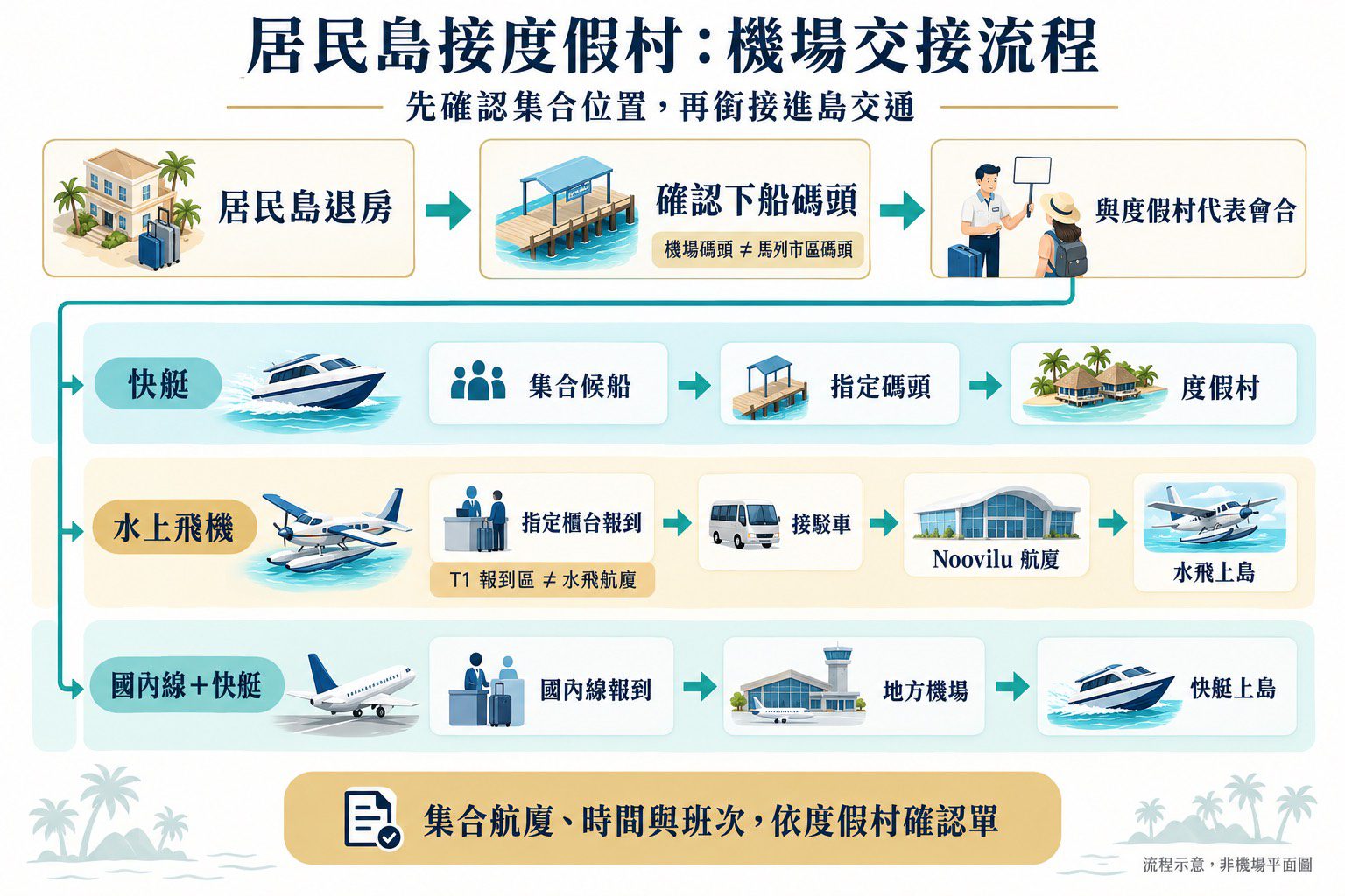 居民島退房後確認下船碼頭,與度假村代表會合,再分別轉快艇、水上飛機或國內線加快艇;T1 報到區與 Noovilu 水飛航廈不同