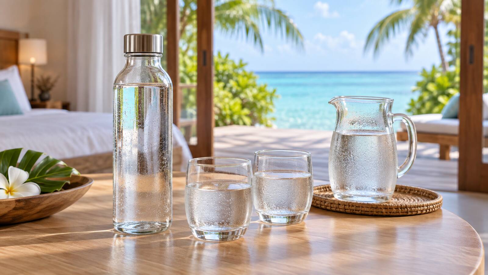 馬爾地夫度假村房內玻璃瓶飲用水與海景