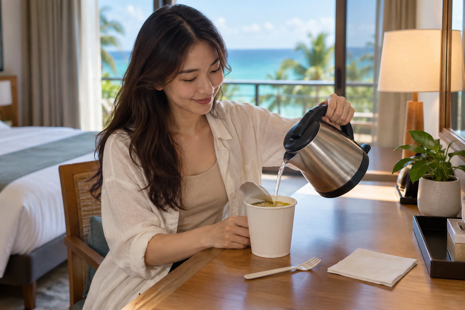 旅客在海島飯店房內以電熱水壺沖泡杯麵