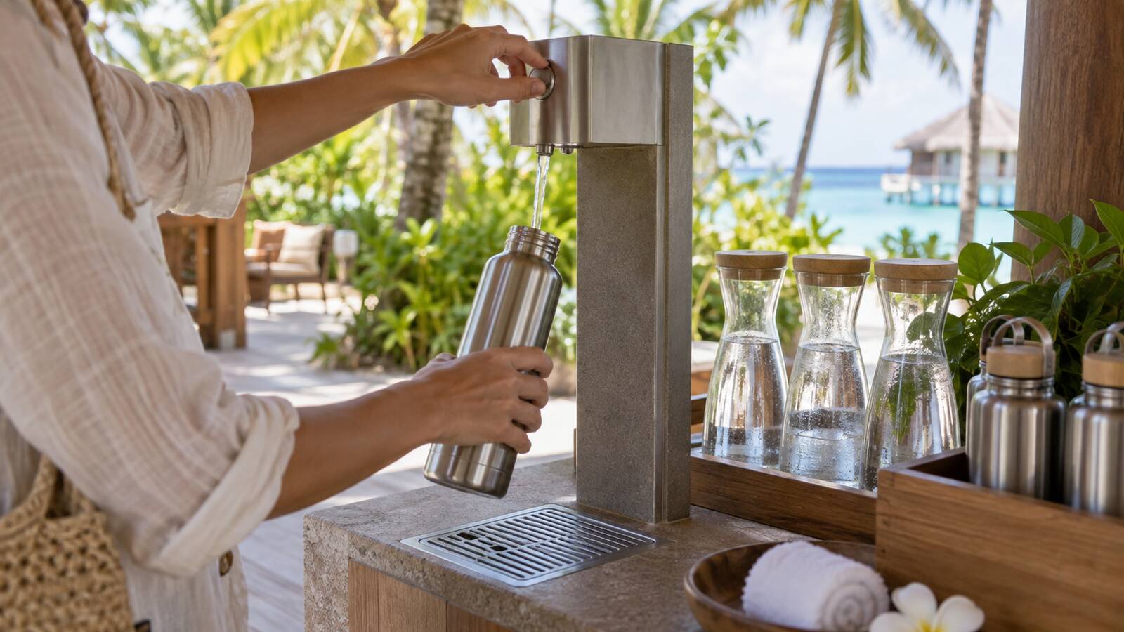 旅客在馬爾地夫度假村指定飲用水站補充環保水瓶