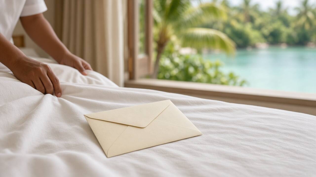 白色床鋪上放著空白信封,房務人員的手在一旁整理