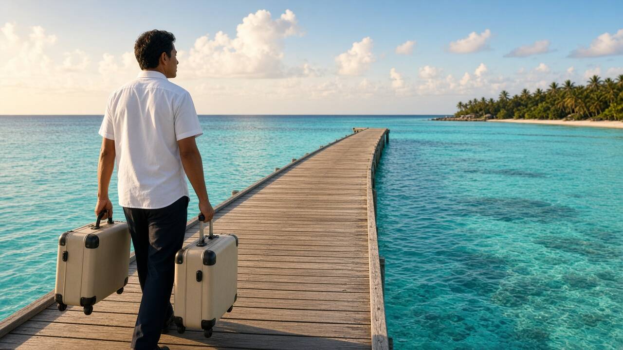 工作人員沿著木棧道提著兩件行李走向島端