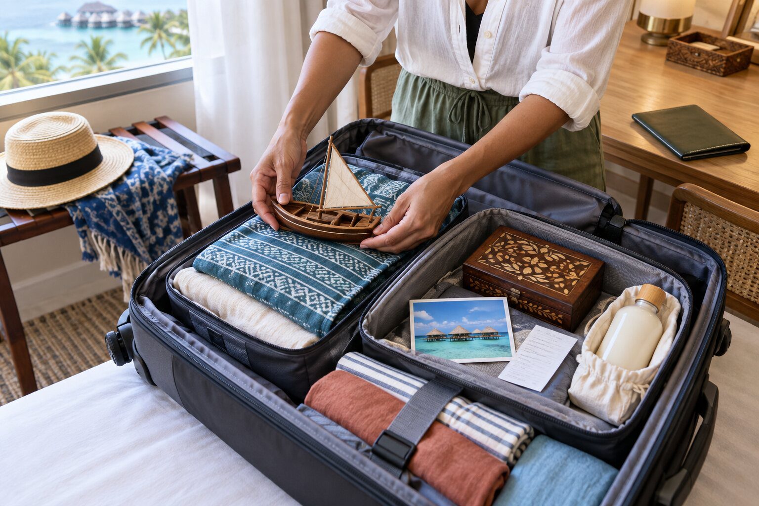 旅客將木製船模型、編織品與漆器放入行李箱