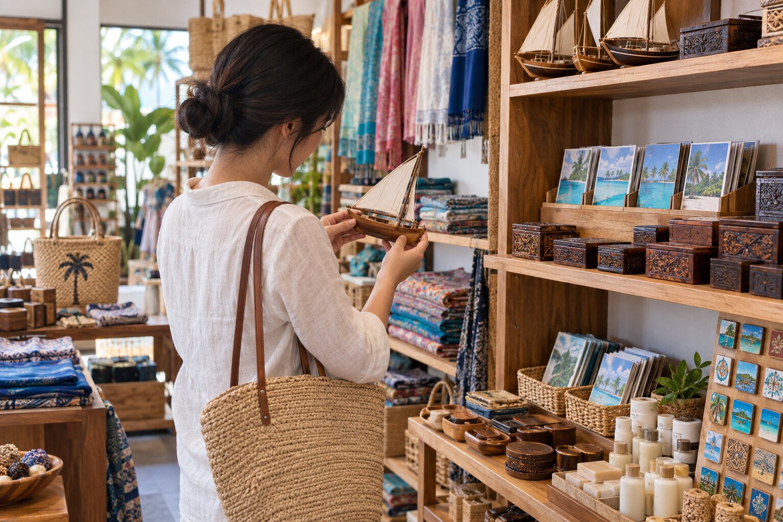 旅客在馬爾地夫紀念品店挑選木船模型與編織品
