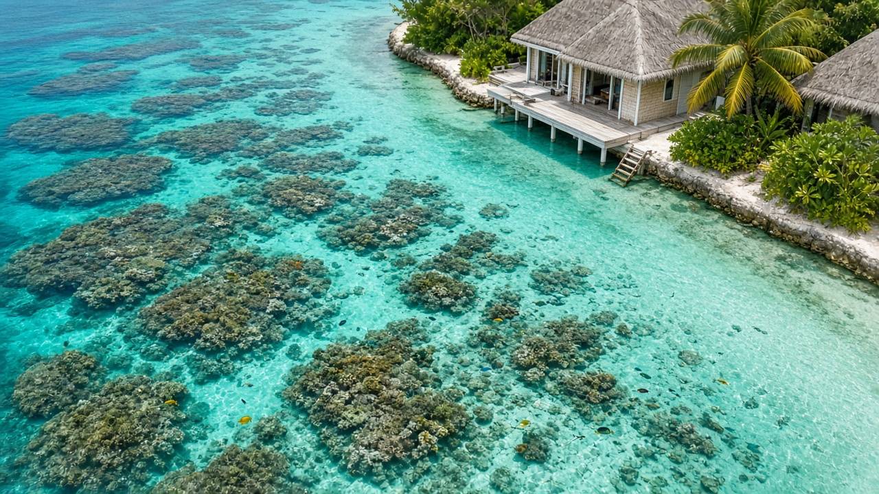 清澈海水中珊瑚礁與熱帶魚的浮潛示意
