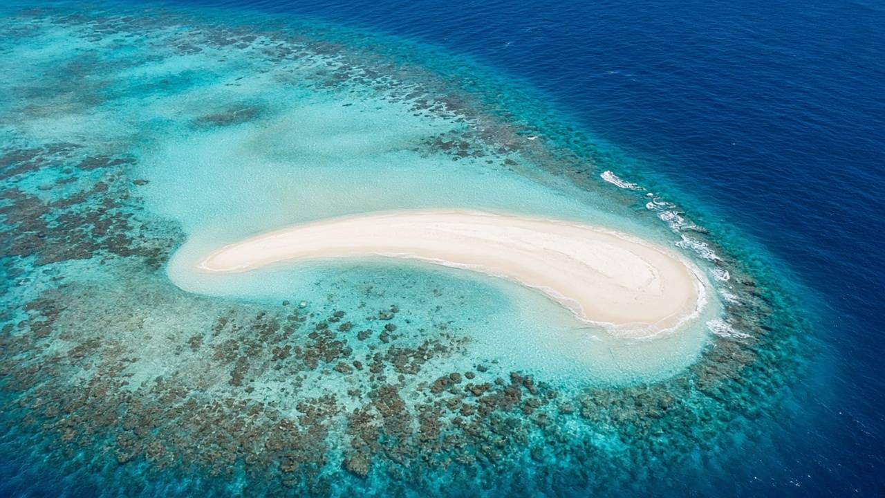 從空中俯瞰馬爾地夫潟湖中白沙沙洲的示意