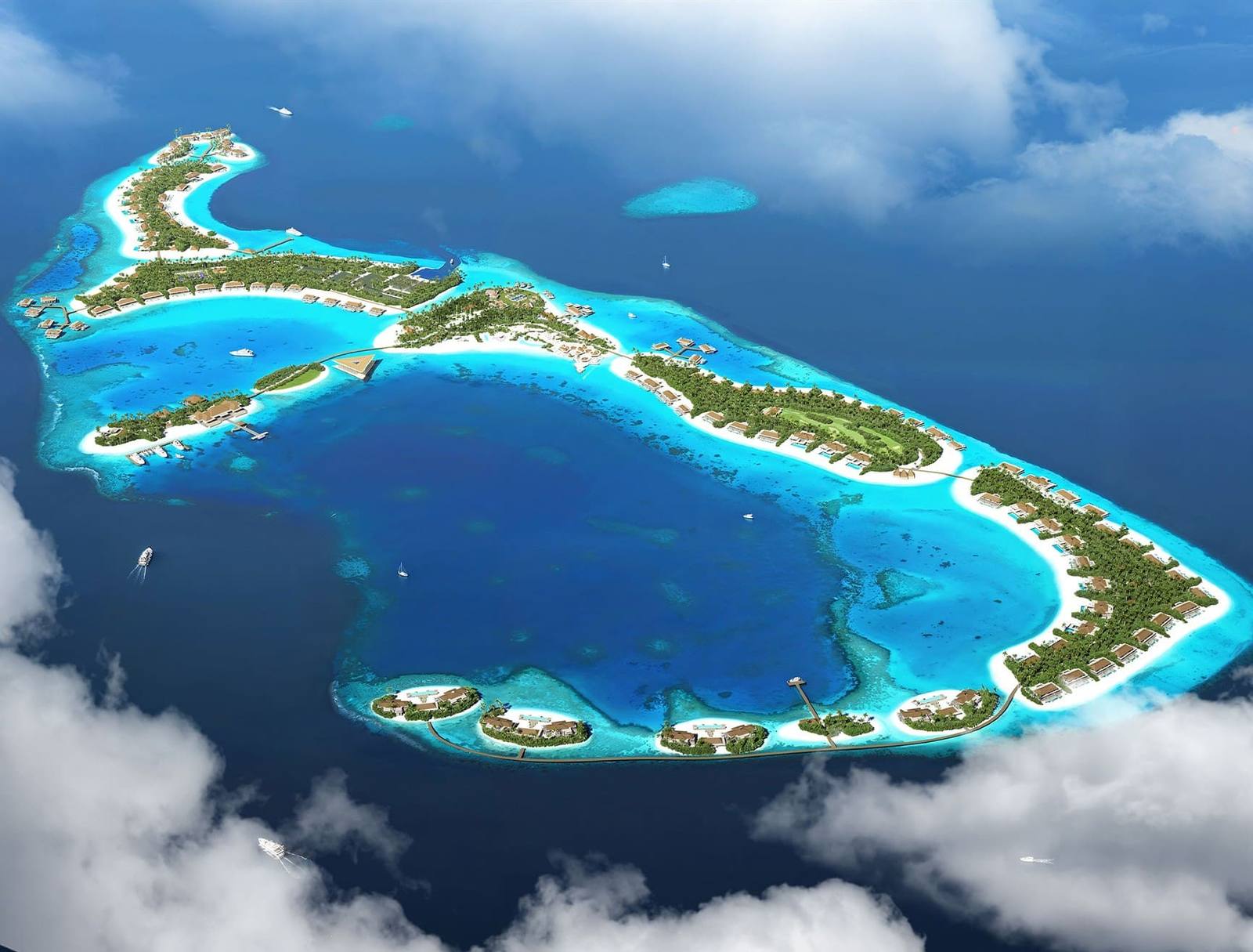 Baccarat Maldives 五座相連島嶼空拍效果圖