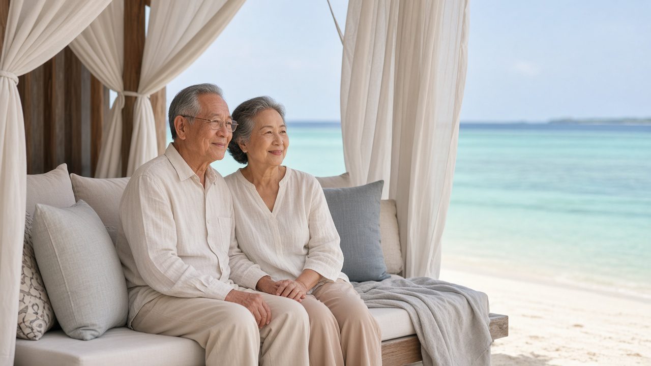 長輩夫妻在海邊遮陽涼亭休息(情境示意)