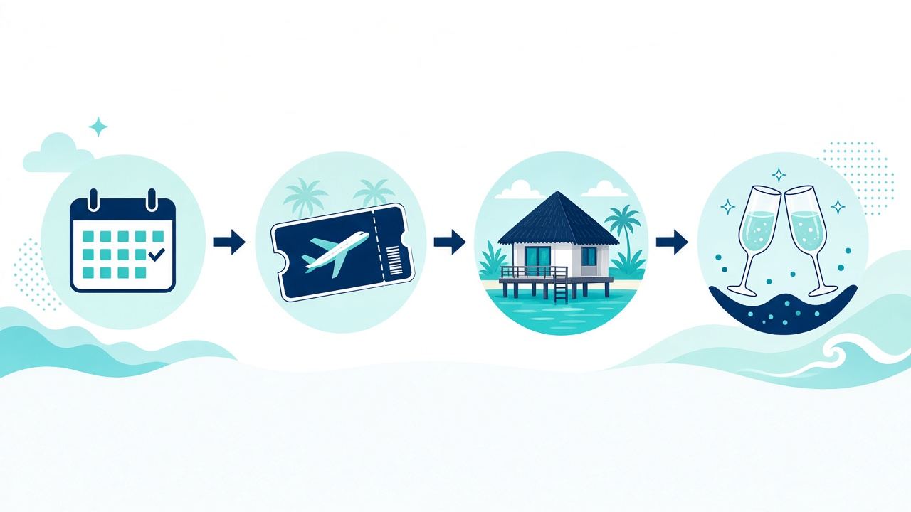 由日曆、機票、水上屋到舉杯慶祝的四步驟圖示,示意跨年訂位順序