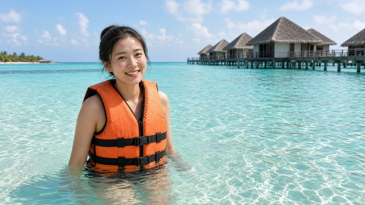 穿救生衣站在馬爾地夫淺潟湖的旅客(情境示意)