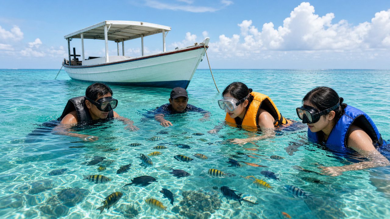 教練帶穿救生衣的旅客導覽浮潛(情境示意)