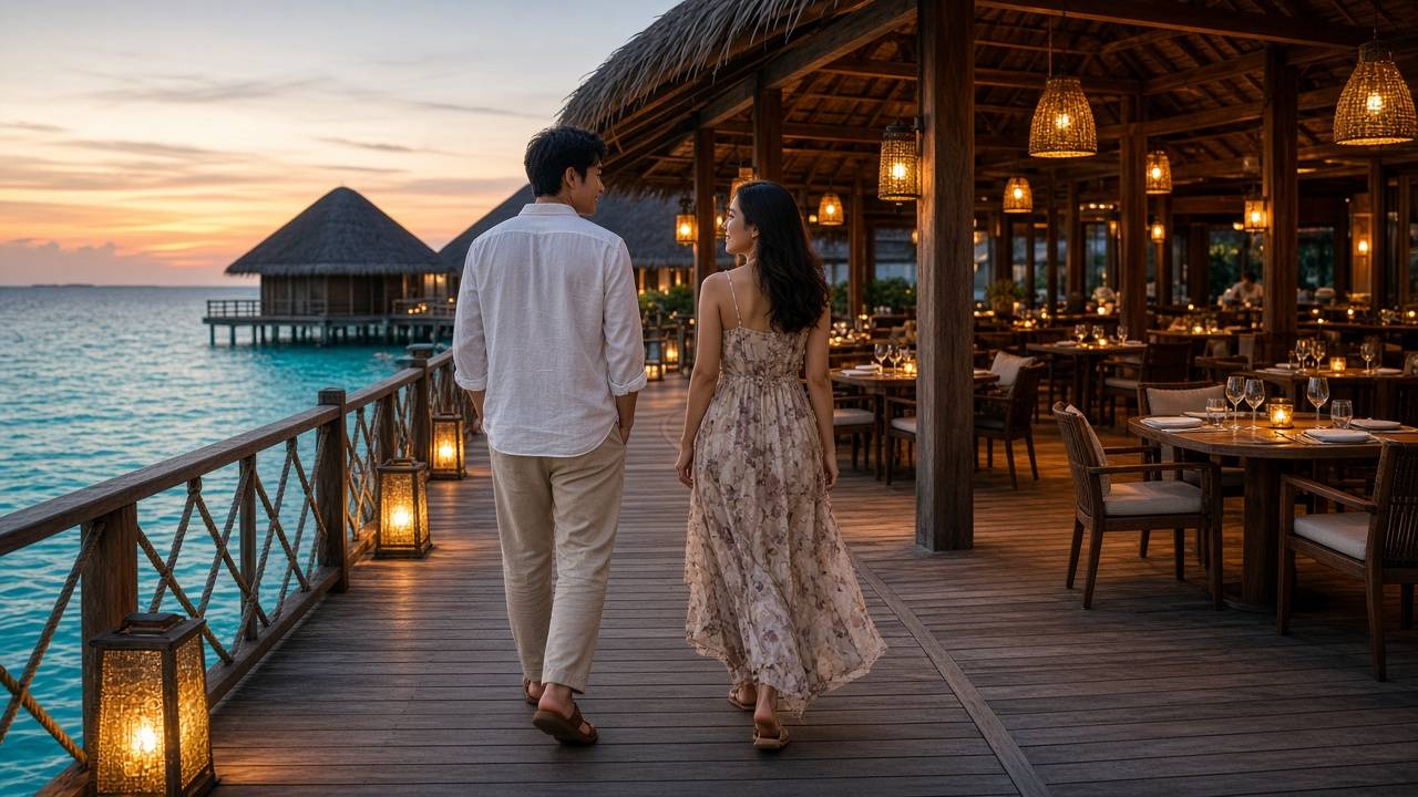 黃昏時一對旅客穿亞麻襯衫長褲與印花長洋裝,走在水上餐廳木棧道