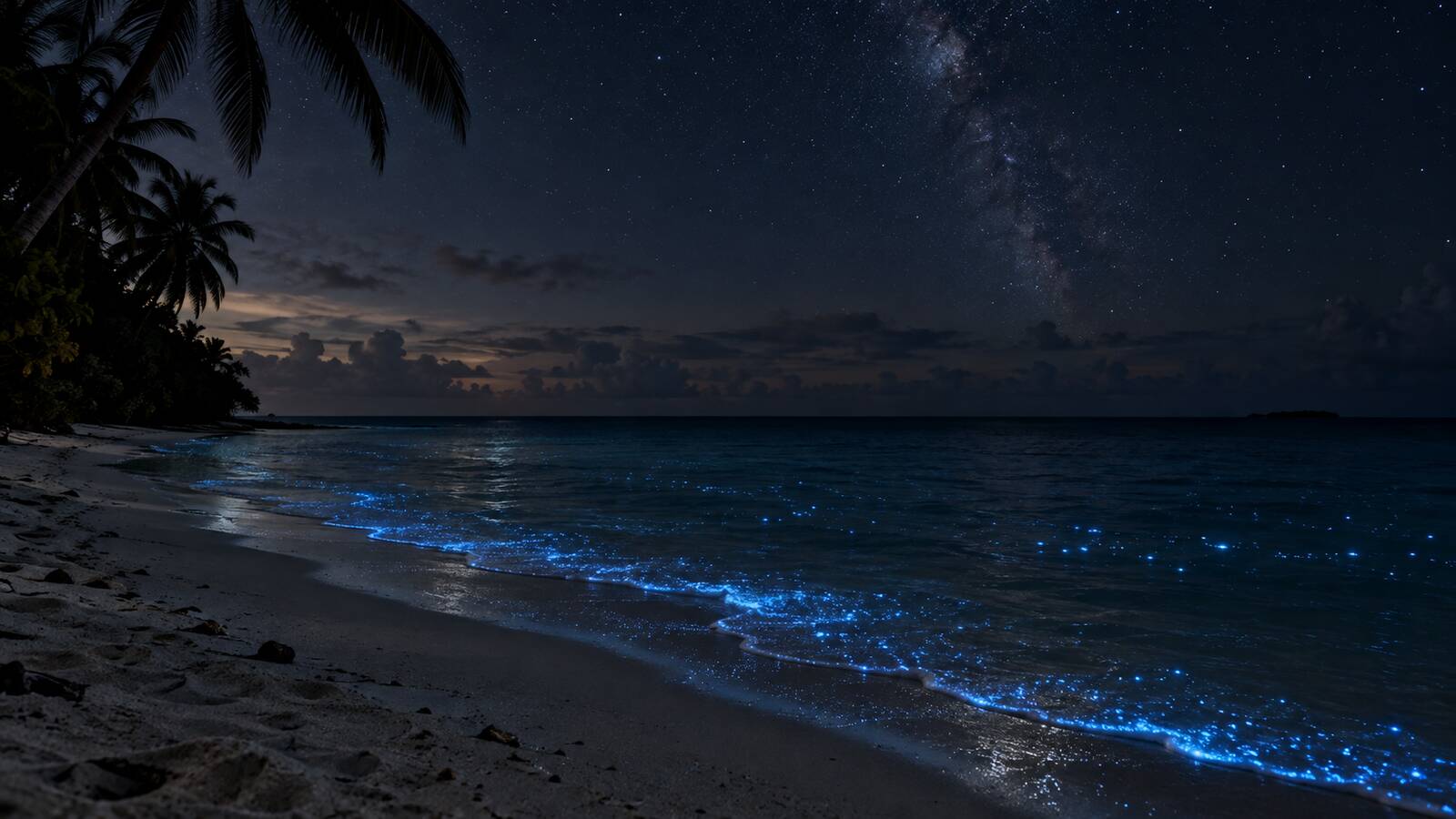 馬爾地夫夜光海沿著沙灘浪花閃光的概念示意