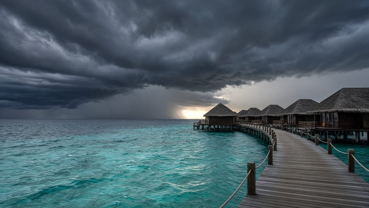 陰雨天的馬爾地夫水上屋與灰色海面(情境示意)