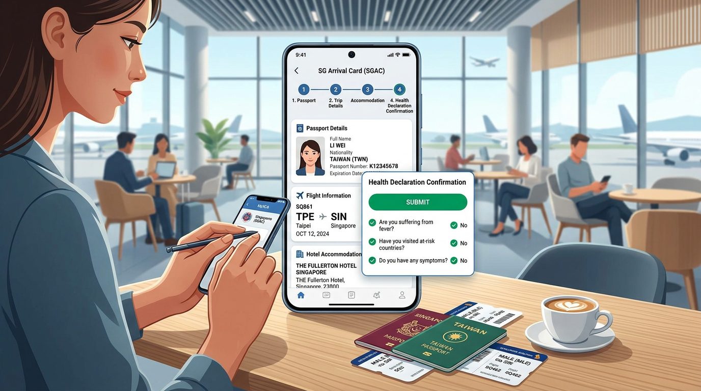 SG Arrival Card MyICA App 填寫步驟與健康申報示意圖